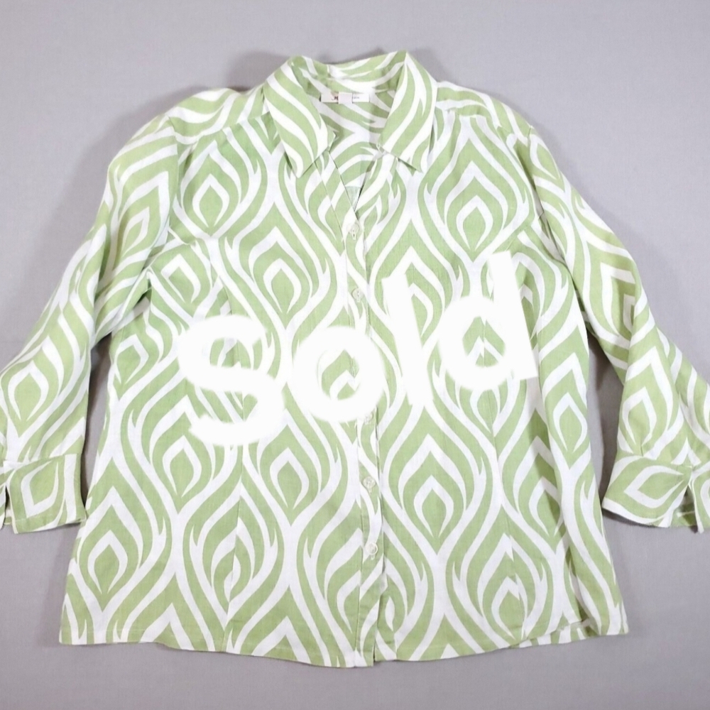 JM Collection 100 Linen Button Down Woven 3/4 Bell Sleeve Lime Green White Sz 16